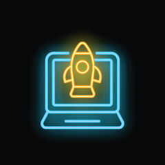 Neon sign of a rocket launching from a laptop screen symbolizing a business startup