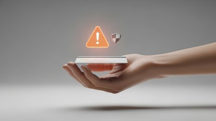 Smooth, digitally rendered human hand gently presenting a sleek, silver smartphone displaying a glowing orange interface, with a hovering orange warning triangle and a silver shield icon above it,