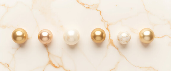 Assorted pearls in various colors arranged on marble background  