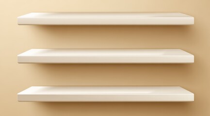 Three white shelves on a wall. The shelves are empty. The wall is beige