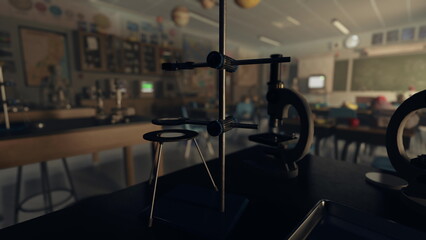 Fototapeta premium A school classroom laboratory with tables and chairs filled with equipment and materials