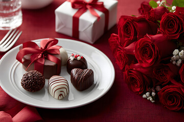 Valentine's day. Romantic table setting with white plate, red chocolate sweets, romantic gift and red roses on red background. Catering. View from above. Copy space.