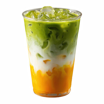 Iced matcha mango latte in clear plastic cup with ice, layered drink isolated on transparent background.