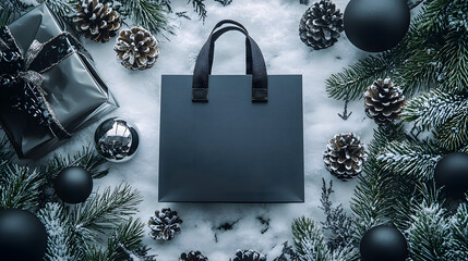A black shopping bag lies on the snow around Christmas tree balls, pine cones and fir branches