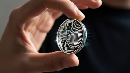 A strikingly detailed, circular biometric security token featuring a glowing fingerprint pattern embedded within a metallic frame, is carefully held between the thumb and forefinger of a person in a
