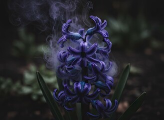 Close Up Of A Vibrant Purple Hyacinth Flower With Mystical Smoke Wisps In Dark Moody Garden Lighting