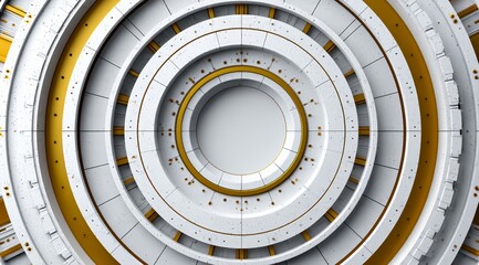 White circle with gold lines surrounding it. The circle is the center of the image. The image has a futuristic