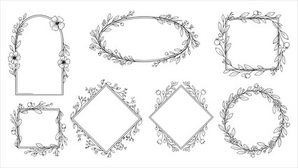 Set of hand-drawn vector black and white floral frames and borders in various shapes
