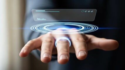 Futuristic, glowing blue digital interface with a progress bar and circular loading rings hovers above a human hand, suggesting biometric authentication or data transfer, illuminated by a soft,