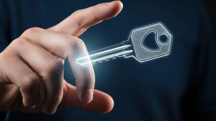 A digitally enhanced, glowing blue outline of a classic metal key with a detailed bit pattern and circular head, is being virtually touched by a human hand against a blurred dark navy blue background,