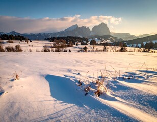 Snow-covered field with mountain backdrop, illuminated by golden light at sunset