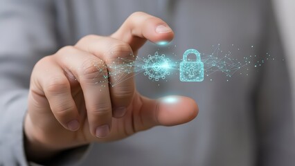 A close-up, professional photograph showcases a human hand with neatly trimmed nails gently interacting with a vibrant, futuristic digital interface consisting of a glowing blue padlock icon connected