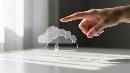 A delicately outstretched human hand with soft skin tones gently points towards a glowing, wireframe-style cloud icon secured with a bright silver padlock, all illuminated by soft, diffused light on a