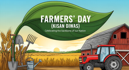 Farmers day illustration with a tractor, farm, wheat fields, and a large leaf banner, celebrating kisan diwas