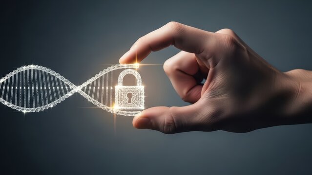 A dramatically lit, close-up photograph showcases a human hand delicately holding a glowing, futuristic wireframe padlock secured to a similarly illuminated, double-helix DNA strand, symbolizing data - Powered by Adobe
