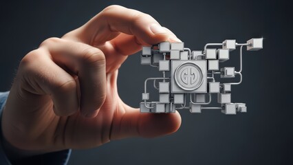 A meticulously detailed, digitally rendered network diagram composed of interconnected silver cubes and lines, featuring a central circular node with the letters "GD" inside a stylized emblem, is