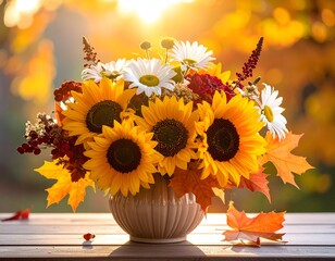 A vibrant autumn floral arrangement with sunflowers, daisies, and leaves