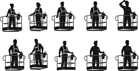Aerial lift worker silhouettes, elevated platform safety, harness gear, black figures, tool handling, construction posture, boom lift operation, industrial inspection © Motahar