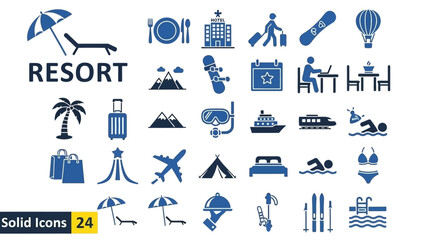 Sleek Solid Resort and Travel Icons Collection – Essential Vacation and Leisure Symbols for Holiday Planning and Getaway Destinations