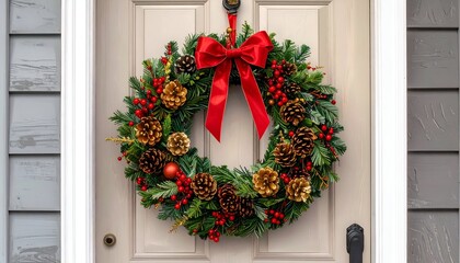 Festive wreath on a door. Christmas wreath with red bow, pinecones, and berries