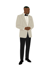 Black man in formal beige tuxedo and black bow tie. Flat design vector illustration isolated on transparent background.