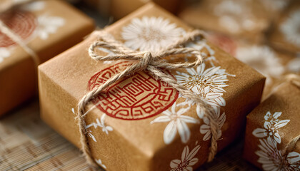 Chinese lunar new year Chunjie celebration concept. A closeup shot of a gift wrapped in brown paper with white floral designs, tied with twine