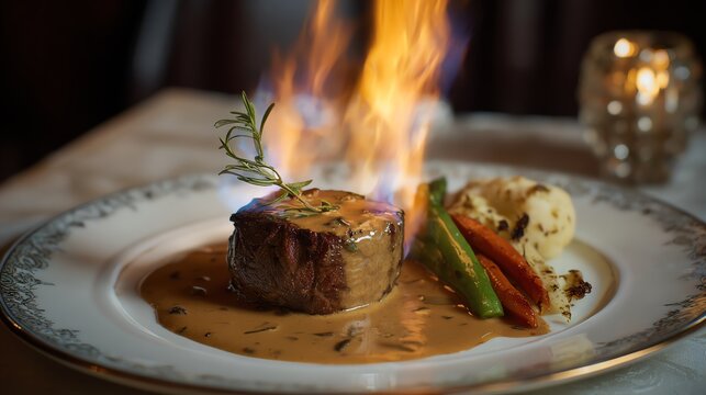 Steak Diane flambeed tableside with a rich cognac sauce plated elegantly with gourmet sides romantic dinner setting