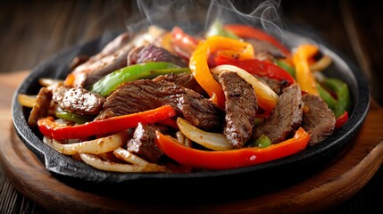 Steak fajitas sizzling on a cast-iron skillet with colorful bell peppers and onions Mexican food style