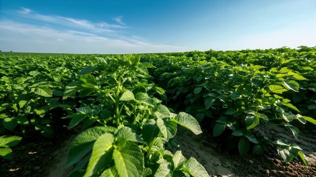Lush potato field under bright blue sky with green leaves and sunlight on plant rows creating peaceful horizon view