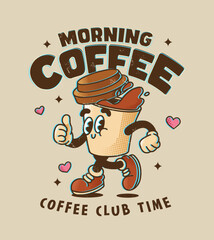 Morning Coffee Retro Cartoon Mascot Walking
