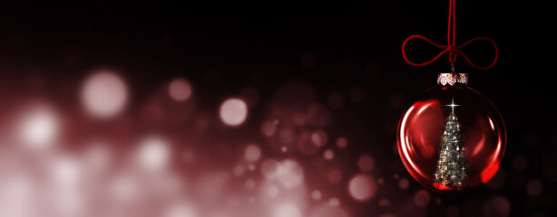 Red merry christmas new year tree balls glasses ball bauble and red ribbon and festive celebration copyspace background