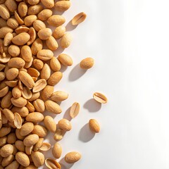 Obraz premium Roasted salted peanuts spill across a bright white surface creating a delicious snack border with ample copy space for advertising or packaging design