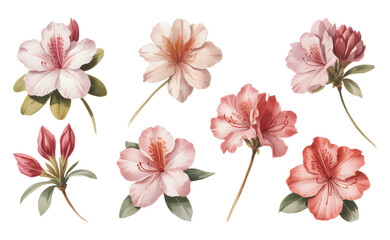 Hand painted azalea flowers with gentle petals and botanical leaves