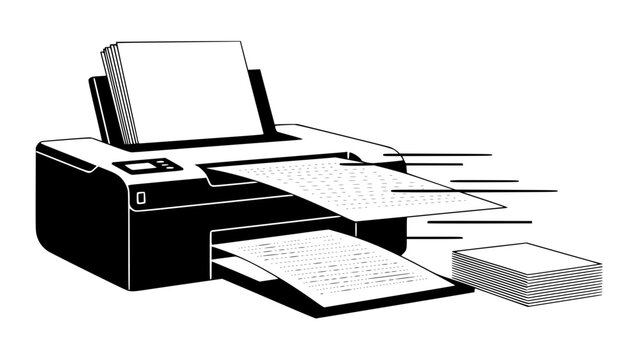 Printer printing documents, paper coming out, flat vector illustration, motion lines, clean modern design, office workflow concept