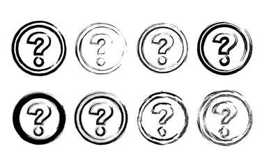 This image features a set of rough, grunge, hand sketched question mark icons inside circular shapes. Perfect for UI design, FAQ sections, branding, posters, and digital illustrations.