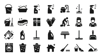 Set of Icons Representing Cleaning Tools, Services, and Home Hygiene