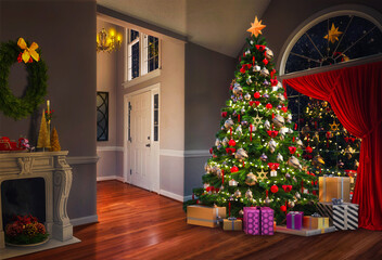 Decorated Christmas Tree with Gifts in Cozy Living Room Interior at Night