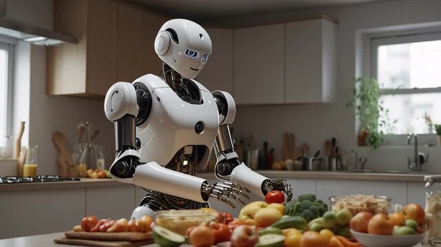 A robot stands in a kitchen surrounded by various vegetables and fruits. It is focusing on a red tomato while other fresh produce lays on the table. This scene shows technology and food preparation