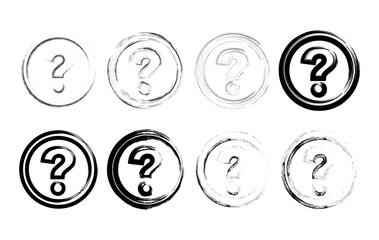This image features a collection of rough, grunge style question mark icons drawn inside circular badge shapes. Ideal for UI elements, FAQ sections, posters, branding, and creative illustrations.
