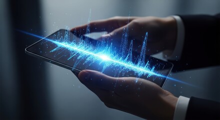 Businessman holding tablet with vibrant blue digital sound wave audio frequency visualization, for signal processing, data analysis, communication technology, complex information flow