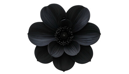 A black anemone flower with layered petals, centered on a dark background