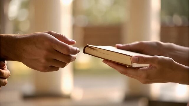 Giving hands exchange book closeup in warm light with soft bokeh, gentle gesture of kindness and trust, human connection and gift sharing