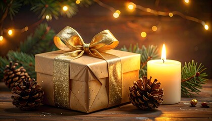 Festive scene featuring a wrapped present, lit candle, pinecones, & holiday decorations