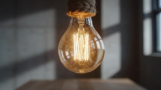 Industrial Edison lightbulb hanging with exposed filament, vintage illumination on wooden surface, loft interior design