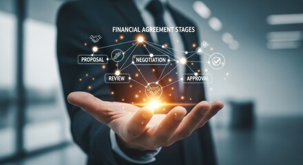 Businessman presenting digital financial agreement stages flowchart including proposal, review, negotiation, final approval with glowing handshake icon for successful contract finalization