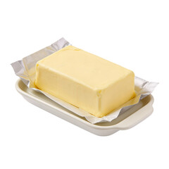 Stick of Butter Partially Unwrapped on Ceramic Plate Isolated on Transparent Background