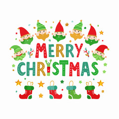 Cute christmas elves and festive decorations with merry christmas text