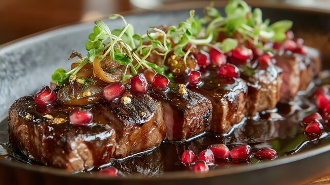 Steak with pomegranate glaze and caramelized onions plated with gold-dusted microgreens high-end gourmet concept