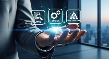 Businessman presenting three key virtual icons for vetting, synergy, team structure floating above his hand, for critical organizational management, collaboration, due diligence, successful