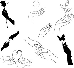 Abstract Hand Gestures Illustration Set with Line Art and Silhouettes